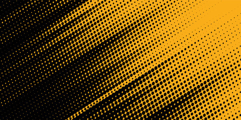 Black halftone pattern. Retro comic gradient background. Bright orange pixel dotted texture overlay. Cartoon pop art faded gradient pattern.vector background