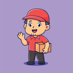 Delivery Man Character Waving and Holding a Package