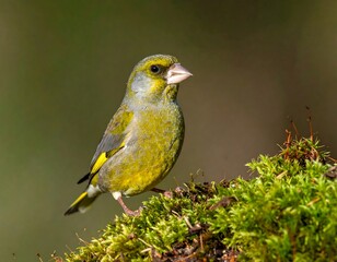 Bird perches on mossy surface, looking toward the viewer