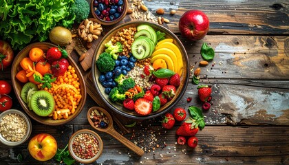 Vibrant Healthy Food Bowl Overflowing With Fresh Fruits Vegetables Nuts and Seeds Arranged On A Rustic Wooden Table With Dramatic Lighting