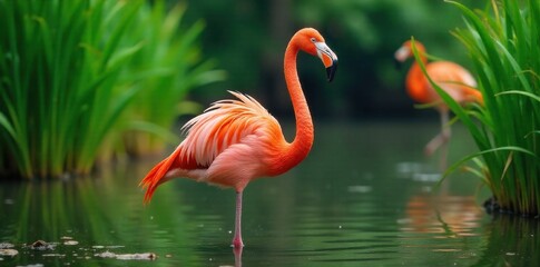 Fototapeta premium Lone flamingo in natural habitat A single, bright pink flamingo standing gracefully in a shallow, clear water body surrounded by lush green reeds and aquatic plants. The background is a soft, natural