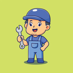 Cartoon Mechanic Holding a Wrench with a Cheerful Expression on Green Background