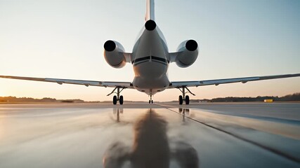 Experience the thrill of a private jet takeoff with stunning ground-level perspective at sunrise capturing speed and adventure - Powered by Adobe