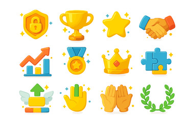 Co-op Achievements Icons. Co-op achievements. 3D icons set of co-op achievements: unlocked badge, golden trophy, glowing star, teamwork handshake, rising