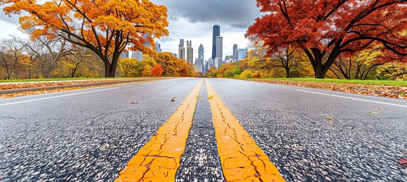 Stunning urban skyline bathed in golden autumn light with vibrant trees lining the streets