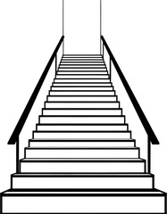 Fototapeta premium Graphic representation of a flight of stairs ascending towards an open doorway. The image is rendered in stark black and white, emphasizing the linear structure