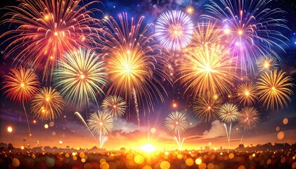 Vibrant multicolored fireworks explode across a twilight sky over a silhouetted city skyline with a bright sunburst and scattered bokeh lights