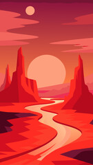 Stylized red desert landscape with winding river and towering rock formations