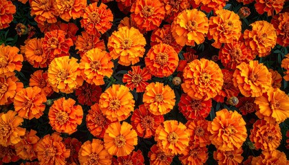 Vibrant Orange Marigold Flowers Detailed Macro View Capturing Their Unique Texture and Petal Layers in Soft Natural Sunlight Ideal for Floral Design and Nature Photography