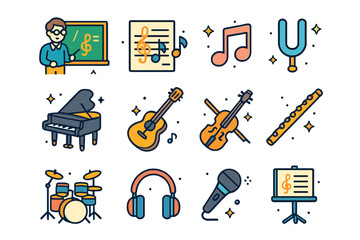 Colorful Music Teaching Icons. Teaching music. Colorful isometric vector icons set of teaching music: teacher with chalkboard, sheet music, music notes, tuning