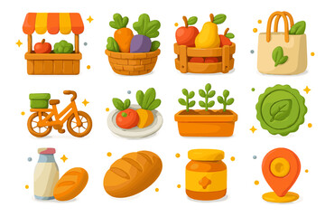 Local Food Icons. Local food systems. 3D icons set of local food systems: farmers market stall, vegetable basket, fresh fruit crate, reusable tote, delivery