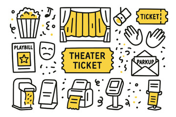 Theater Ticket Doodle. Theater Ticket. Hand-drawn doodle illustration theater ticket playbill (accented), theater ticket, stage (accented), curtain, spotlight,