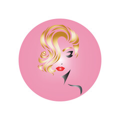Elegant Woman's Portrait Golden Hair and Red Lips in a Pink Circle - Stylish Beauty Icon