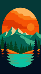 Vibrant mountain landscape with red poppies and evergreen trees under a blue sky