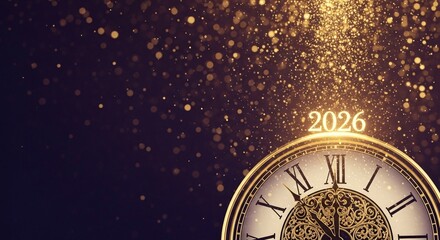Happy New Year 2026 banner with luxury vintage clock counting down to midnight on a festive background with golden bokeh and copy space.