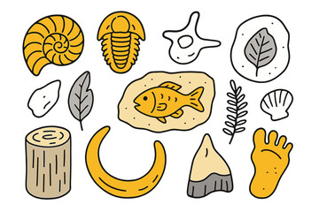 Colorful Fossil Doodle. Fossils. Hand-drawn doodle illustration fossils ammonite (accented), trilobite (accented), dinosaur bone (accented), leaf imprint, fish