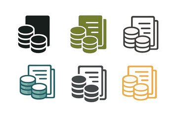 Stock Strategy Logos. Stock trading strategies. Set Logo of Stock trading strategies: Portfolio Stack (coins and papers). harmonious logo variations of the