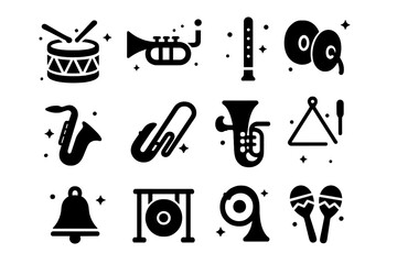 Fototapeta premium Parade Instruments Icons. Parade Instruments. Solid icons set of Parade Instruments: Drum, Trumpet, Flute, Cymbals, Saxophone, Trombone, Tuba, Clarinet, Bell,