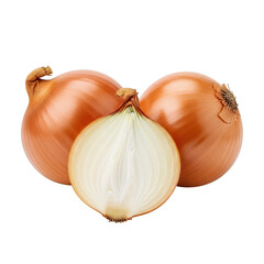 Fototapeta premium Two whole yellow onions and one halved yellow onion against background food vegetable