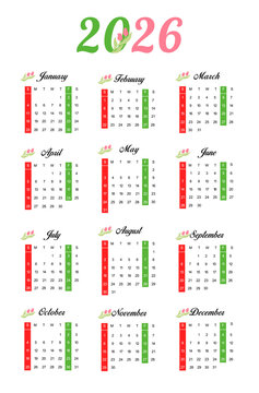 2026 calendar, modern, aesthetic, unique, simple, with pastel pink green colors