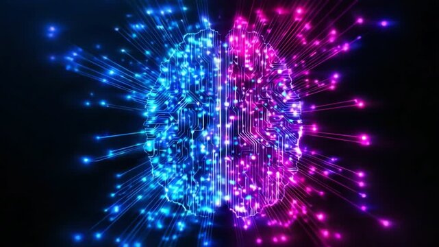 A digital representation of a brain illuminated with vibrant blue and pink lights, symbolizing advanced technology and artificial intelligence, blending creativity and intellect se