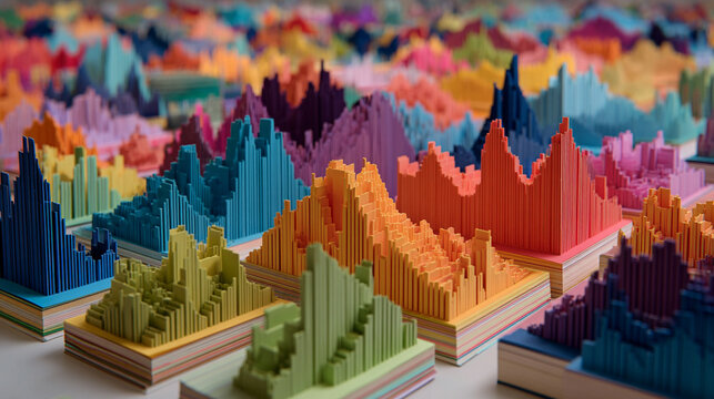 Hyperrealistic 3D depiction of sticky notes arranged like data charts, symbolizing organization, analytics, planning, workflow, and creative visualization in a modern workspace.
