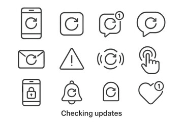 Checking Updates Icons. Checking updates. Line icon set of Checking updates: smartphone, app icon, notification badge, message bubble, chat bubble, email icon,