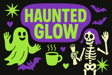 Haunted Glow Banner. Haunted Glow banner, flat vector illustration, bold oversized text inside rounded blob, cartoon characters standing and waving near