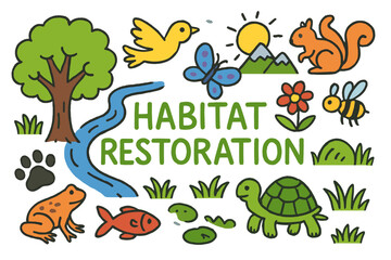 Fototapeta premium Nature's Renewal Doodle. Habitat Restoration. Colorful Hand-drawn doodle Children illustration Tree, river, bird, butterfly, fish, frog, flower, paw print,