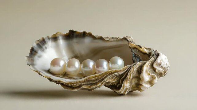 Five Lustrous Pearls Resting Inside an Oyster Shell on a Neutral Background, Symbolizing Luxury, Elegance, and Natural Beauty
