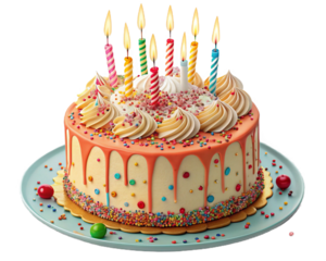 A festive birthday cake with colorful candles frosting and sprinkles on a blue plate backdrop