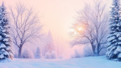 Soft pink sunrise over a snow-covered winter forest