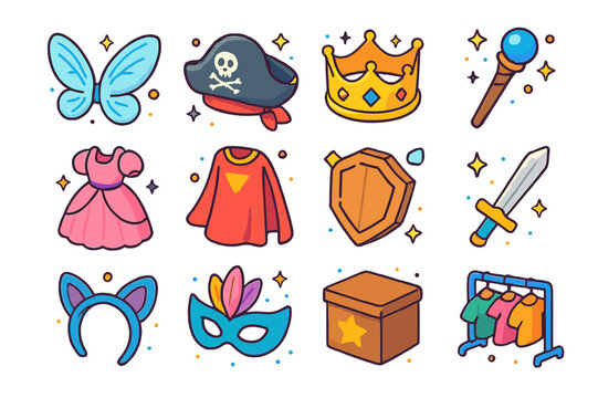 Vibrant Costume Icons. Colorful isometric vector icons set of costumes and props: fairy wings, pirate hat, king?s crown, wizard staff, princess