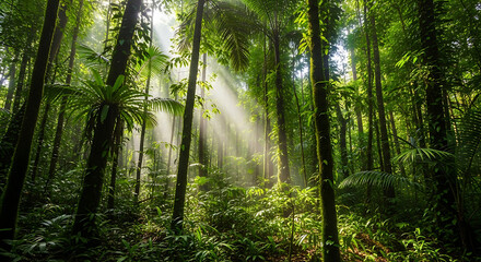 Obraz premium Ethereal Sunbeams Pierce Through a Dense, Lush Tropical Rainforest Canopy