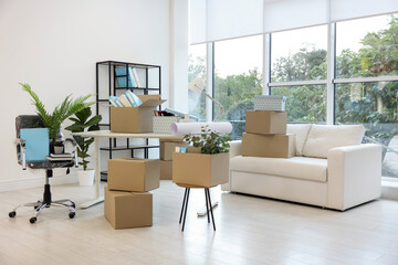Fototapeta premium Moving boxes and furniture in new office