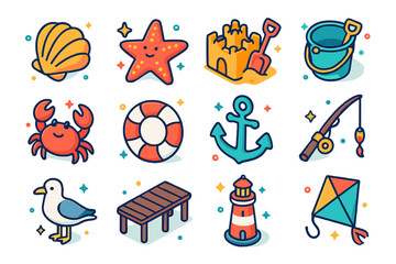Seaside Icon Set. Seaside Fun. Colorful isometric vector icons set of seaside fun: seashell, starfish, sandcastle, bucket and spade, crab, lifebuoy, anchor,