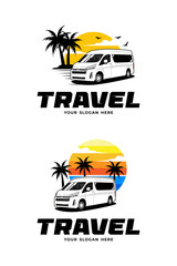 travel logo designs with mini van palm trees and sunset