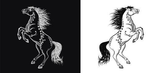 Set of 2 hand drawn rearing horses with ornamental patterns and flowing mane on black and white background. Zentangle equine for Chinese zodiac 2026 Year of the Horse. Tattoo, logo, print design