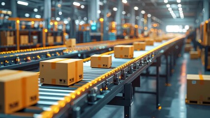 Cardboard boxes moving along an automated conveyor belt in a modern warehouse. - Powered by Adobe