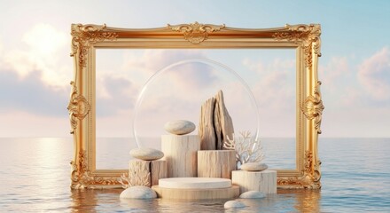 Fototapeta na wymiar Golden frame showcases natural elements on wooden pedestals amidst a tranquil ocean view