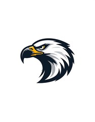 Obraz premium Isolated, stylized eagle head graphic, predominantly white, black, yellow details against a clean white backdrop, evoking power and focus
