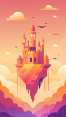 Fantasy floating castle in a vibrant sunset sky