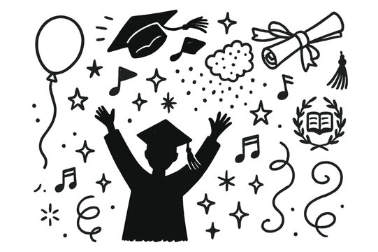 Graduation Celebration Icons. Graduation celebration. Hand-drawn doodle illustration celebrating a graduation with a cap toss student silhouette with cap,