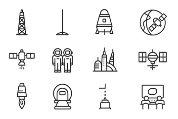 Fototapeta premium Futuristic Space Elevator Icons. Futuristic space elevator. Line icon set of Futuristic space elevator: elevator tower, cable extending to orbit, space