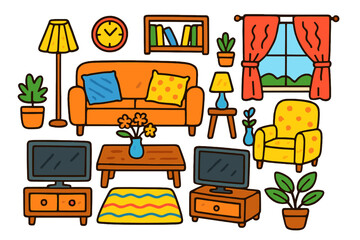Colorful Living Room Illustrations. Living Room. Colorful Hand-drawn doodle Children illustration Sofa, coffee table, rug, lamp, bookshelf, wall clock,