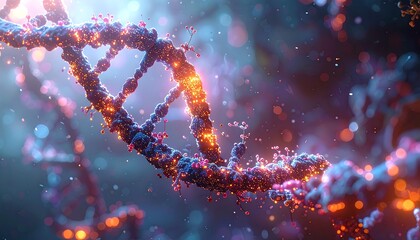 A close-up view of a glowing, double-helix structure, perhaps representing genetic material, with vibrant colors and bokeh effects