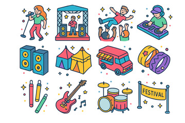 Festival Icons Parade. Festival experience. Colorful isometric vector icons set of festival experience: performers, stage, crowd, DJ, speakers, tents, food