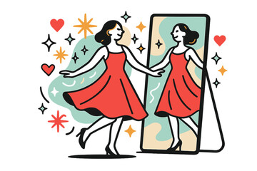 Glow of Elegance. Evening try-on. A glowing figure twirling in front of a mirror with a new dress, abstract floating stars, sparkles, and hearts symbolizing