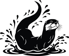 Playful otter emerging from water splashing with energetic bubbles and waves dynamic