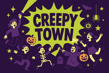 CreepyTown Festivities. CreepyTown banner, flat vector illustration, bold oversized text inside splash explosion shape, cartoon characters jumping and dancing
